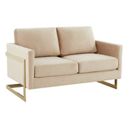 Lincoln Velvet/Leather Upholstered Loveseat with Gold/Black/Silver Steel Frame & Removable Cushions Velvet Gold Beige Sofa Leisuremod