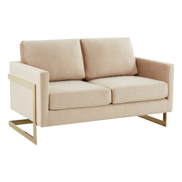 Lincoln Velvet/Leather Upholstered Loveseat with Gold/Black/Silver Steel Frame & Removable Cushions Velvet Gold Beige Sofa Leisuremod