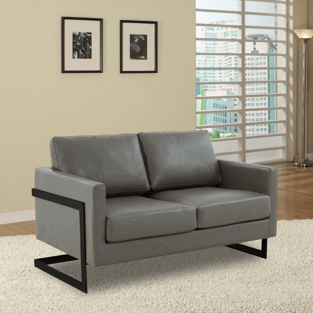 Lincoln Velvet/Leather Upholstered Loveseat with Gold/Black/Silver Steel Frame & Removable Cushions Leather Black Grey Sofa Leisuremod
