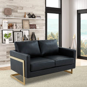 Lincoln Velvet/Leather Upholstered Loveseat with Gold/Black/Silver Steel Frame & Removable Cushions Leather Gold Black Sofa Leisuremod