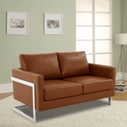 Lincoln Velvet/Leather Upholstered Loveseat with Gold/Black/Silver Steel Frame & Removable Cushions Leather Silver Cognac Tan Sofa Leisuremod