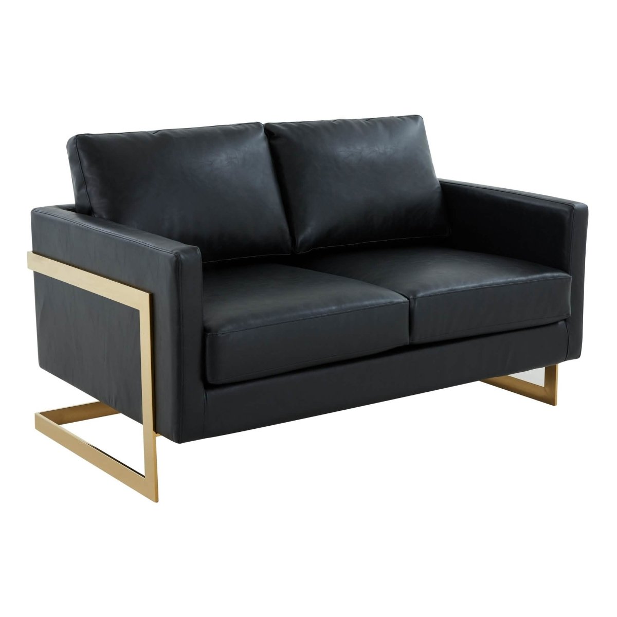 Lincoln Velvet/Leather Upholstered Loveseat with Gold/Black/Silver Steel Frame & Removable Cushions Leather Gold Black Sofa Leisuremod