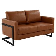 Lincoln Velvet/Leather Upholstered Loveseat with Gold/Black/Silver Steel Frame & Removable Cushions Leather Black Cognac Tan Sofa Leisuremod