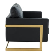 Lincoln Velvet/Leather Upholstered Loveseat with Gold/Black/Silver Steel Frame & Removable Cushions Leather Gold Black Sofa Leisuremod