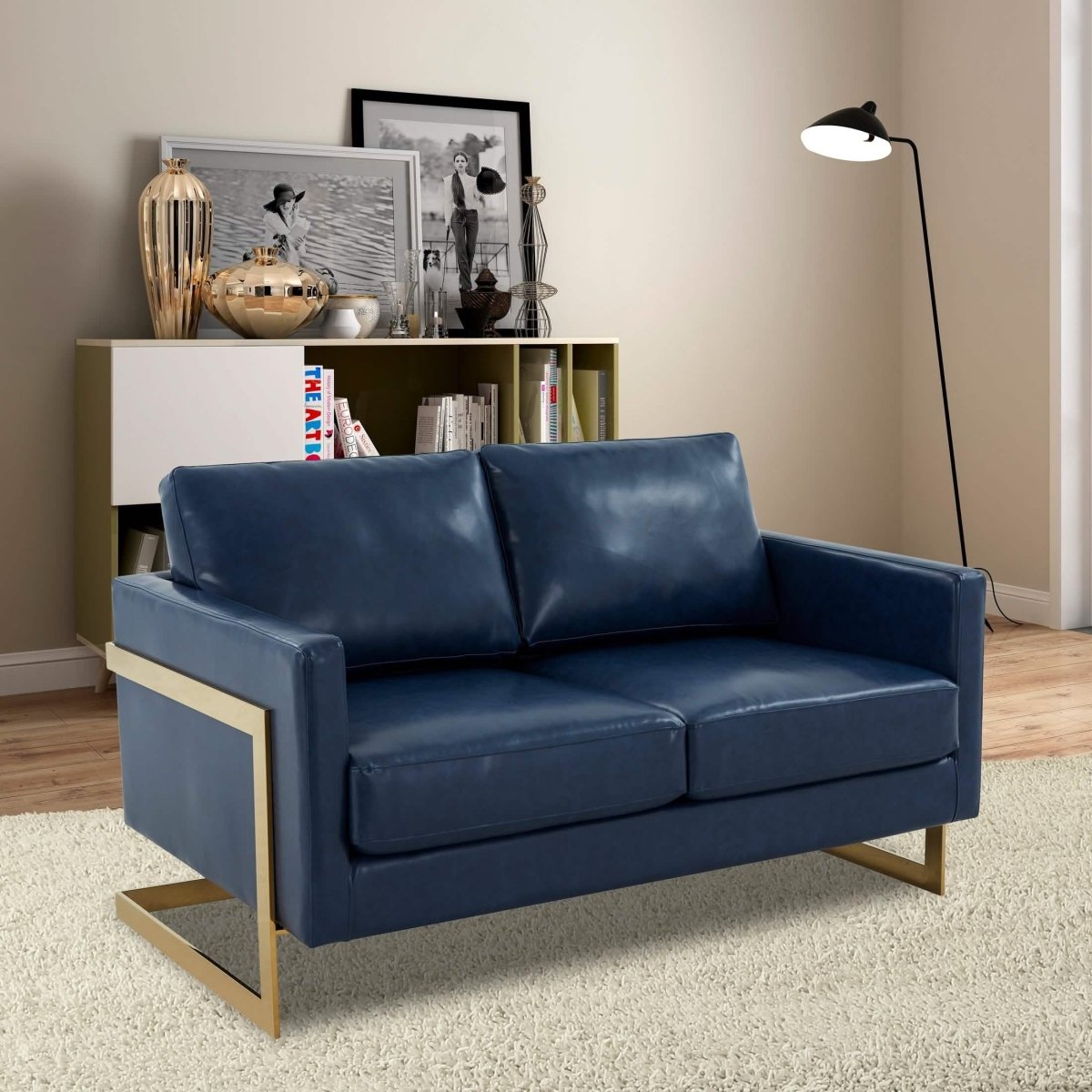 Lincoln Velvet/Leather Upholstered Loveseat with Gold/Black/Silver Steel Frame & Removable Cushions Leather Gold Navy Blue Sofa Leisuremod
