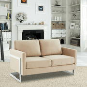 Lincoln Velvet/Leather Upholstered Loveseat with Gold/Black/Silver Steel Frame & Removable Cushions Velvet Silver Beige Sofa Leisuremod
