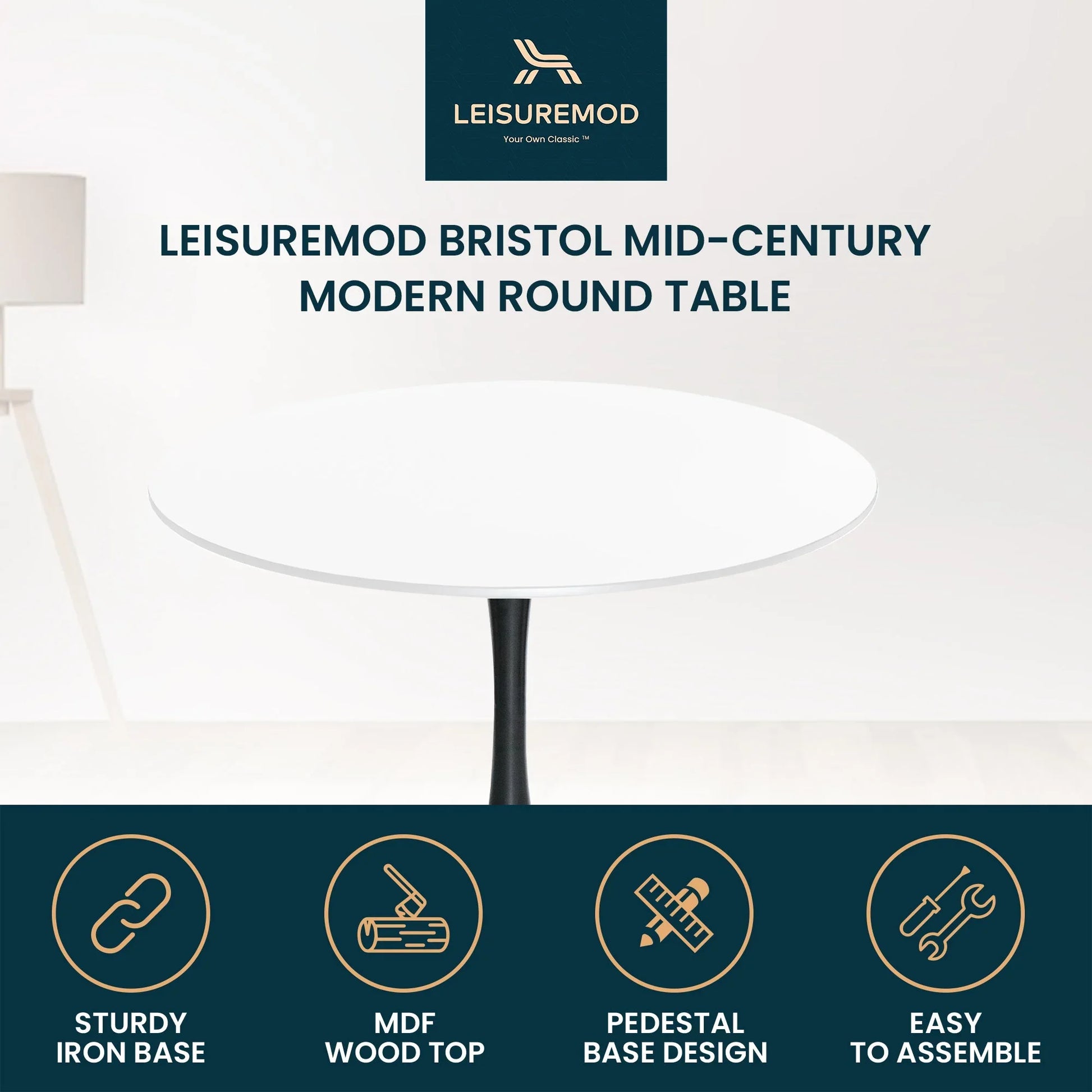 Bristol Modern Round Dining Table with Wood Top and Iron Pedestal Base - Elax Furniture