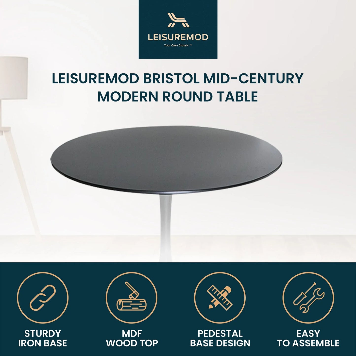 Bristol Modern Round Dining Table with Wood Top and Iron Pedestal Base - Elax Furniture