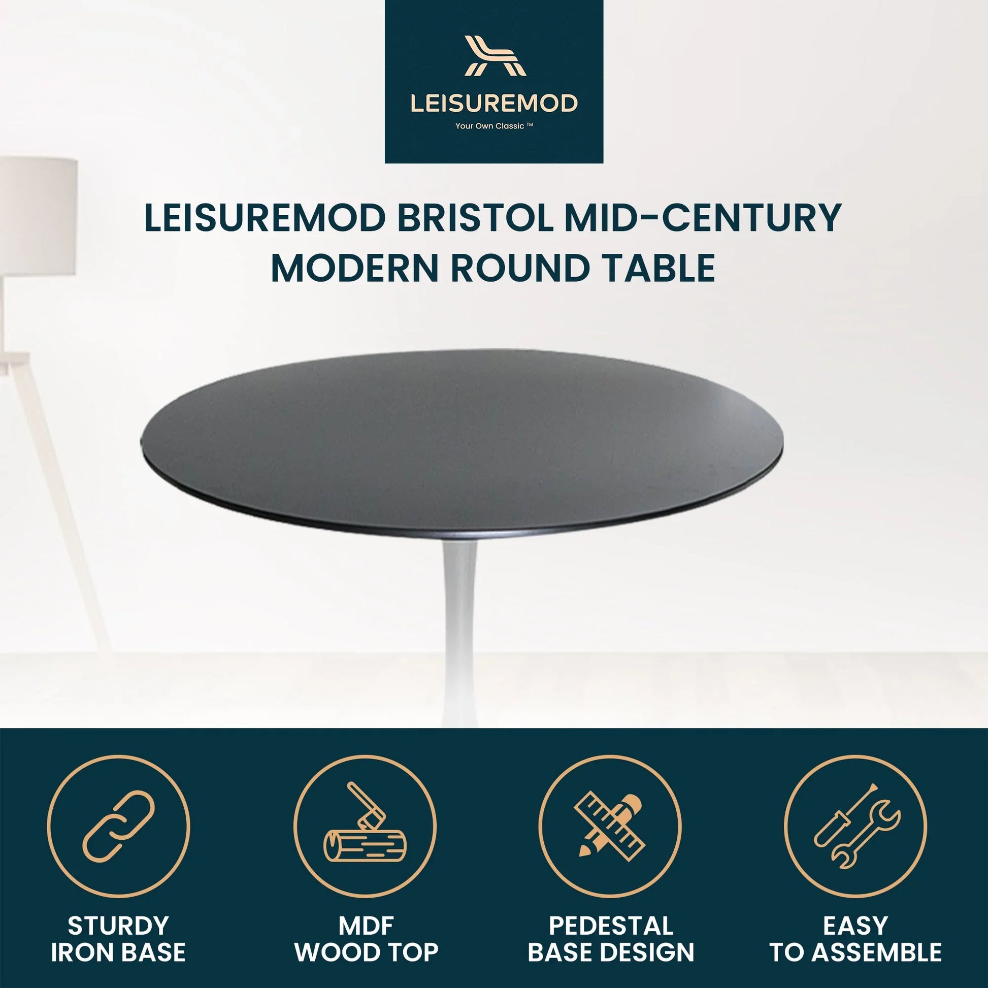 Bristol 32" Round Dining Table with Wood Top and Iron Pedestal Base - Elax Furniture