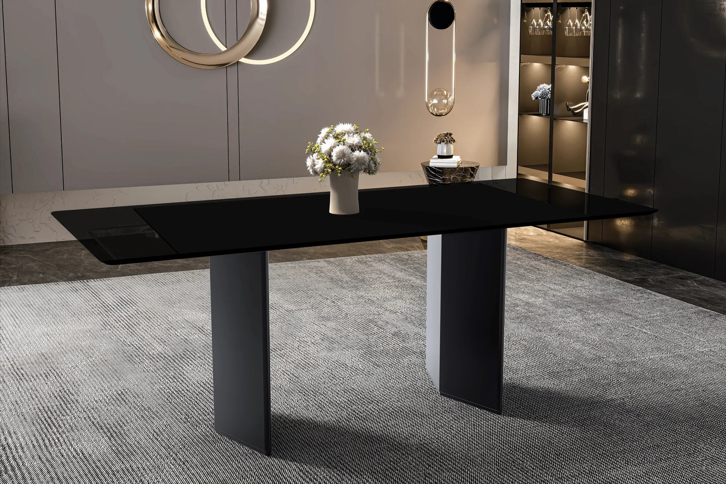 Lior Dining Table with Rectangular Glass/Sintered Stone Tabletop and Black Steel Legs - Elax Furniture