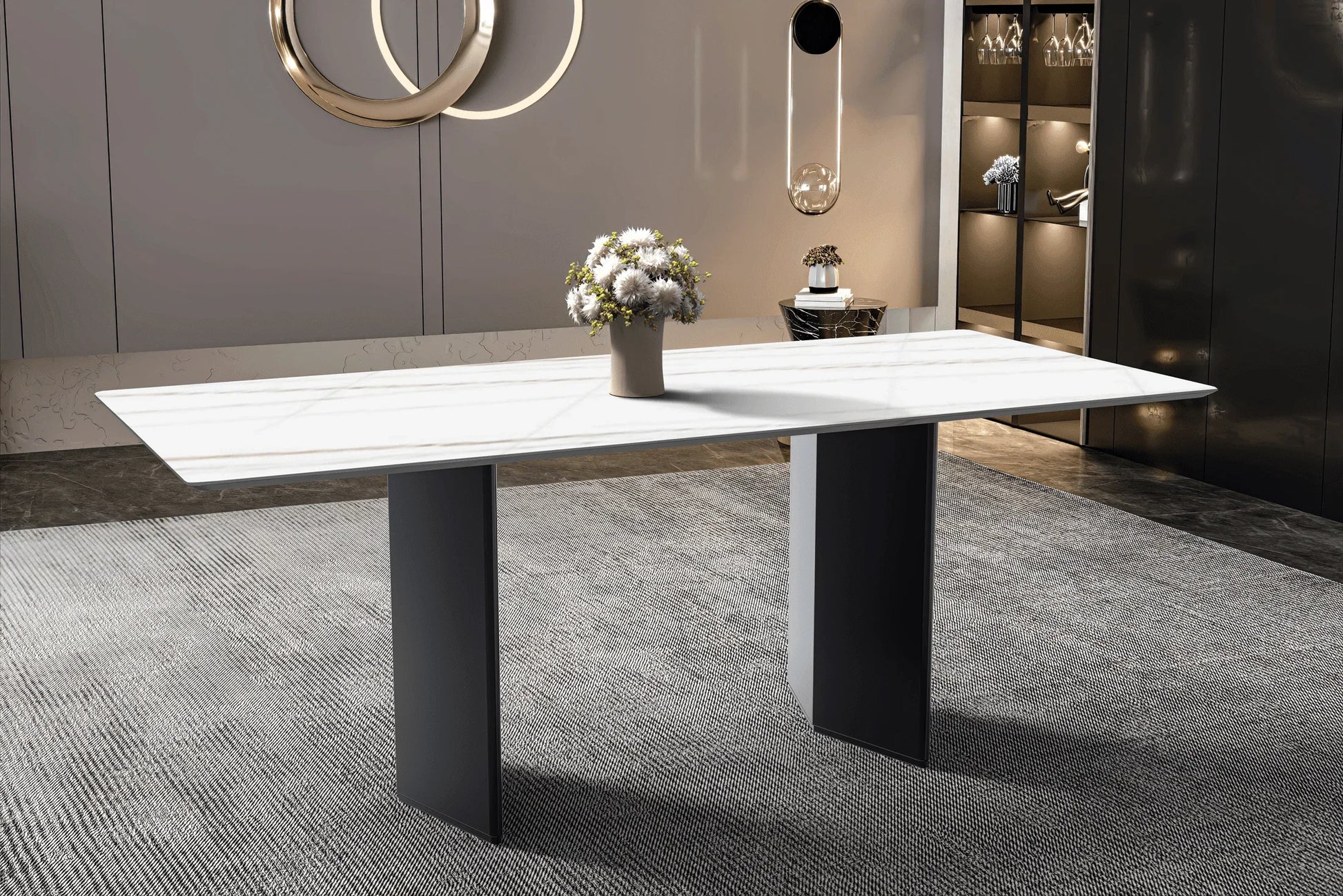 Lior Dining Table with Rectangular Glass/Sintered Stone Tabletop and Black Steel Legs - Elax Furniture