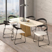 Lyra Leather Dining Chair with a Beech Wood Curved Back and Iron Legs Black White Dining Chair Leisuremod