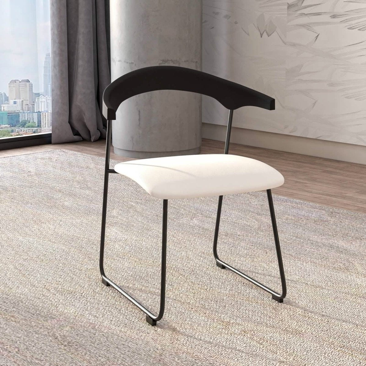 Lyra Leather Dining Chair with a Beech Wood Curved Back and Iron Legs Black White Dining Chair Leisuremod