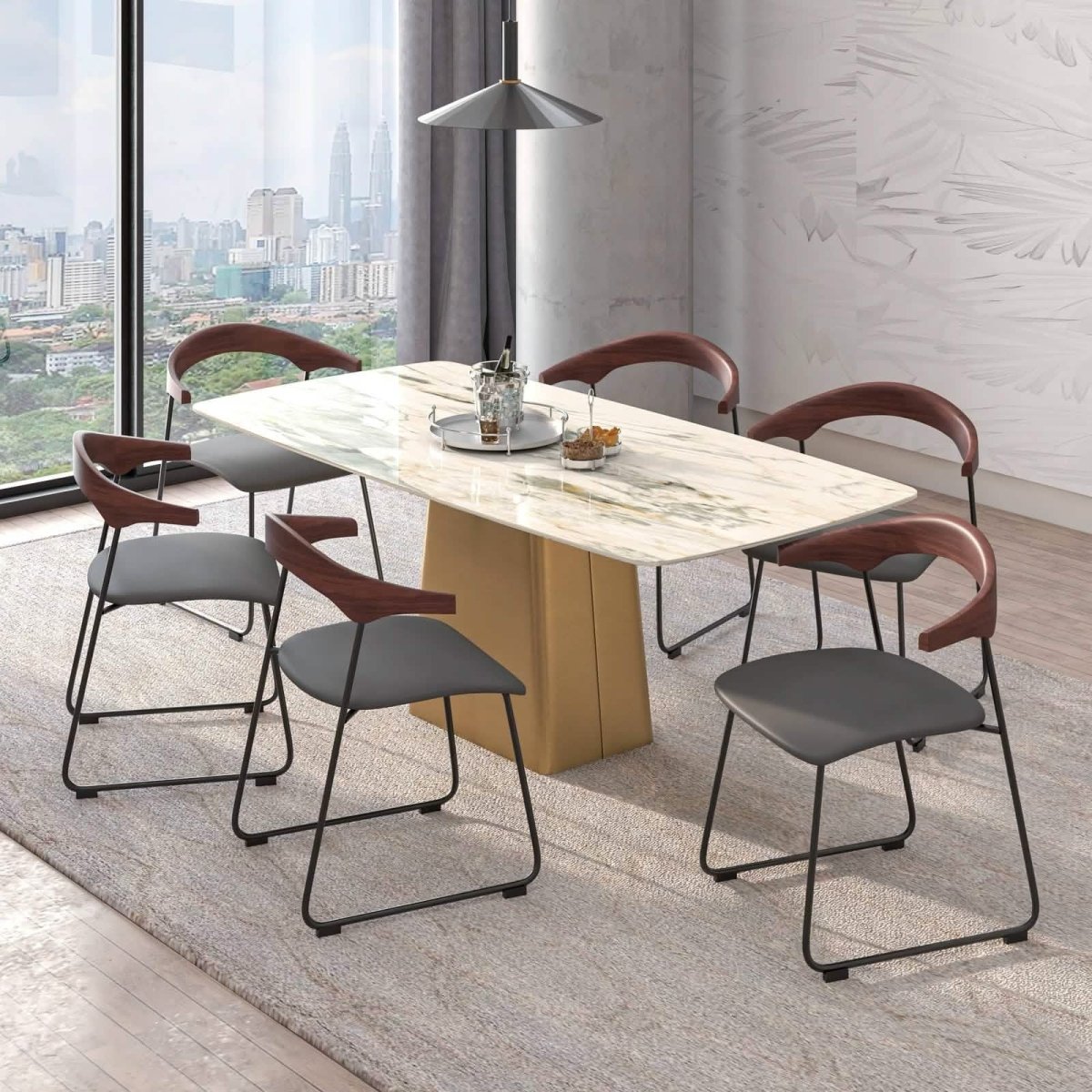 Lyra Leather Dining Chair with a Beech Wood Curved Back and Iron Legs Black Walnut Black Dining Chair Leisuremod