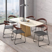 Lyra Leather Dining Chair with a Beech Wood Curved Back and Iron Legs Black Walnut Black Dining Chair Leisuremod