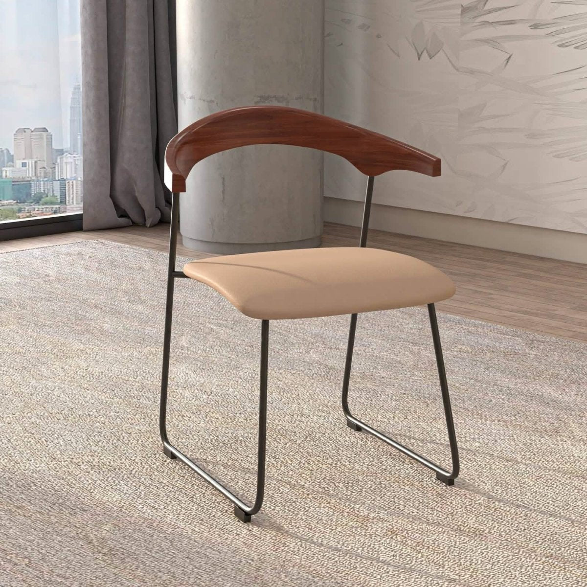 Lyra Leather Dining Chair with a Beech Wood Curved Back and Iron Legs Dark Wood Taupe Dining Chair Leisuremod