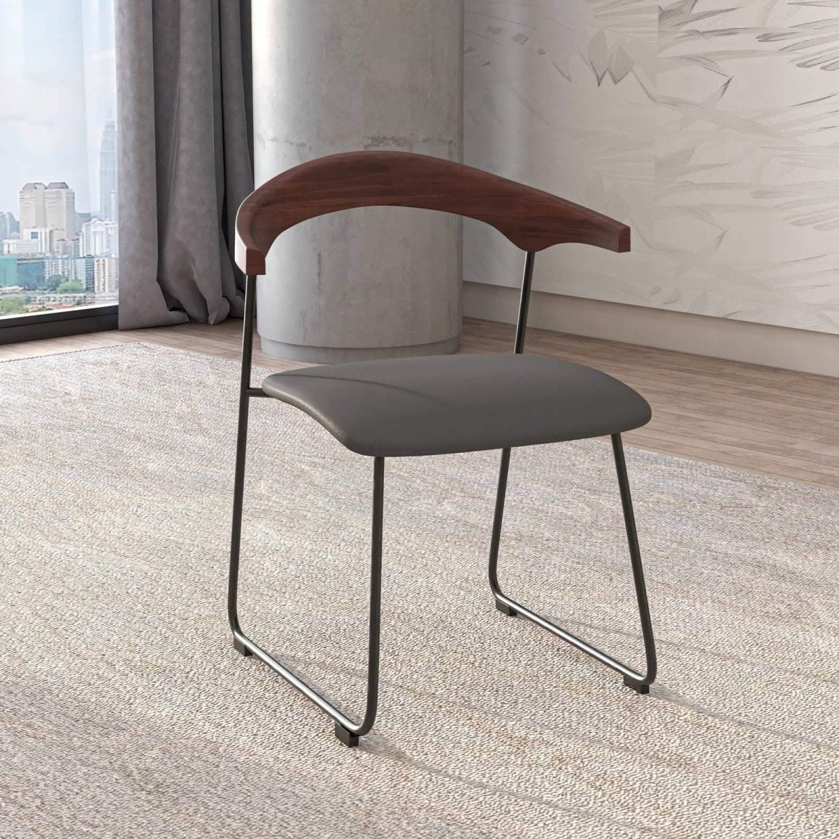 Lyra Leather Dining Chair with a Beech Wood Curved Back and Iron Legs Black Walnut Black Dining Chair Leisuremod