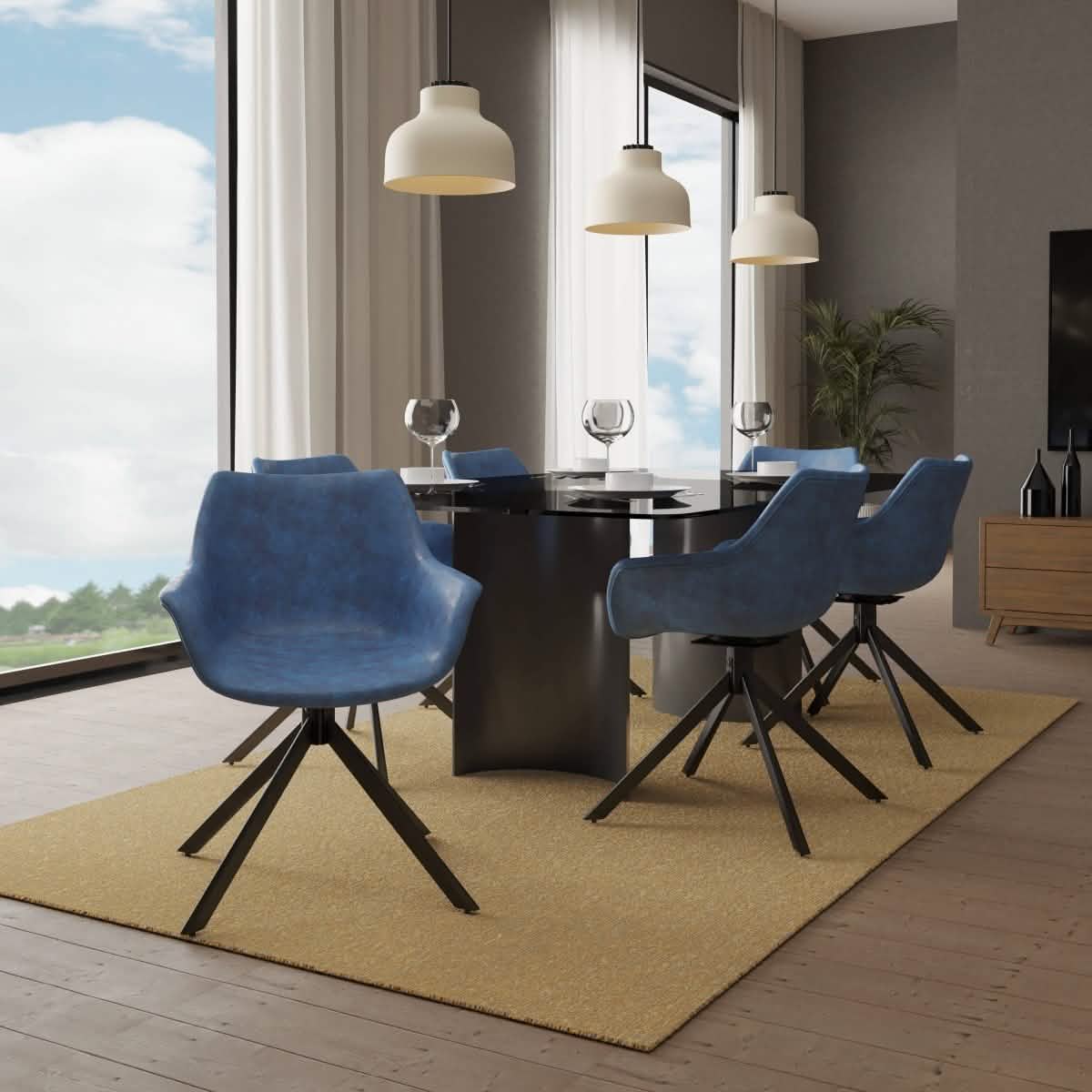 Markley Dining Chair Upholstered in Leather 360-Degree Swivel Armchair Light Blue Dining Chair Leisuremod