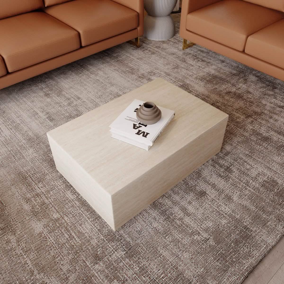 Maya Collection Fiberstone Outdoor/Indoor Rectangular Coffee Table in Travertine Travertine Side Table Leisuremod