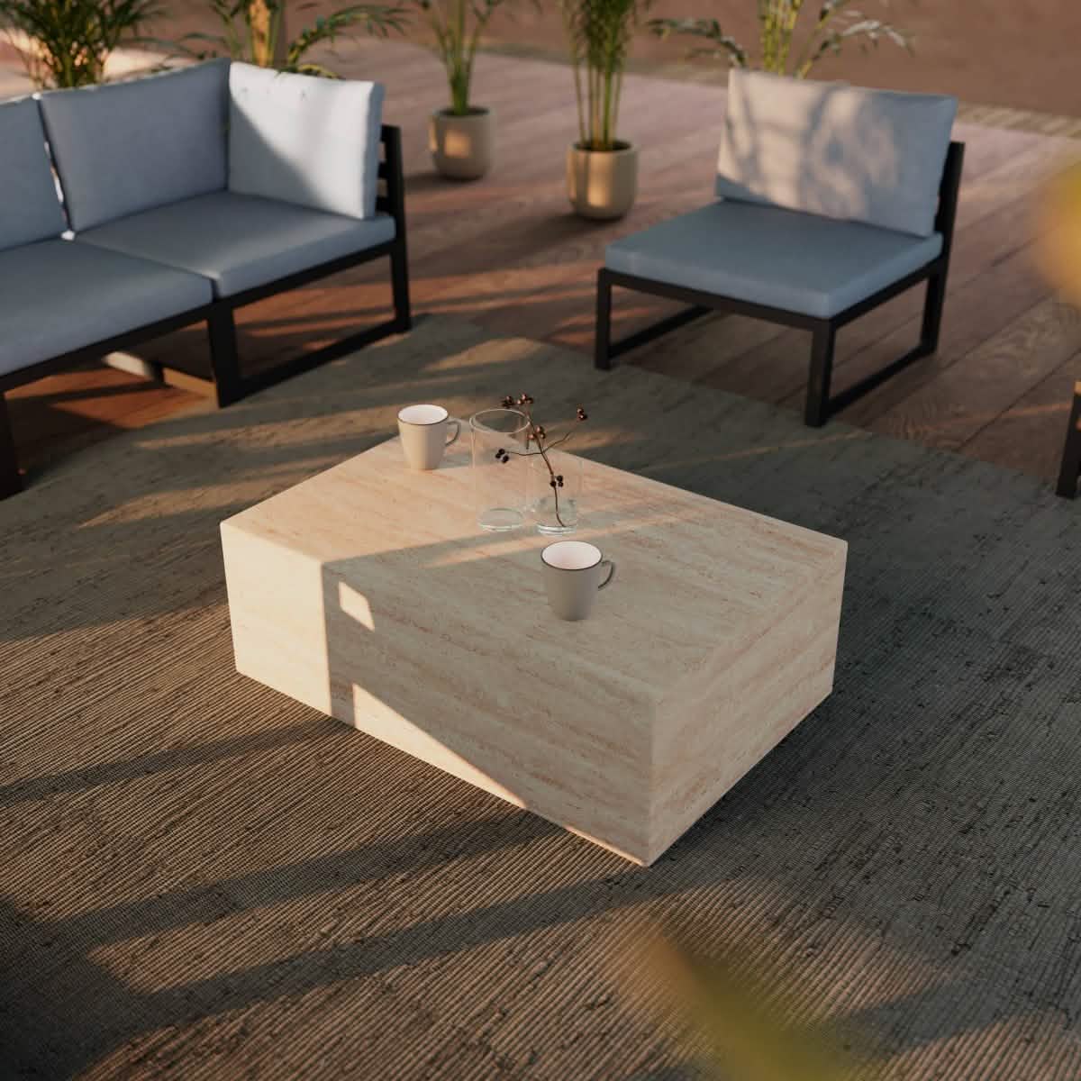 Maya Collection Fiberstone Outdoor/Indoor Rectangular Coffee Table in Travertine Travertine Side Table Leisuremod