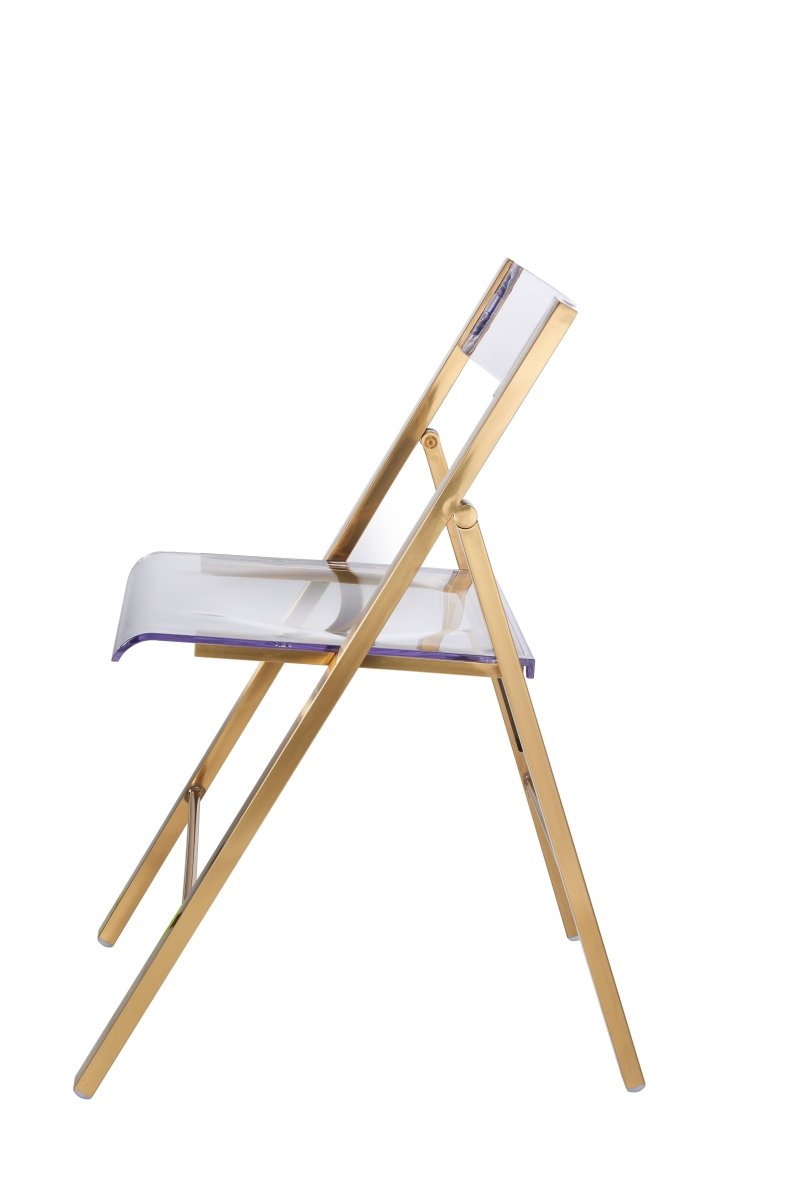 Menno Folding Dining Chair in Gold/Silver/Black Stainless Steel Frame and Base Brushed Gold Clear Dining Chair Leisuremod