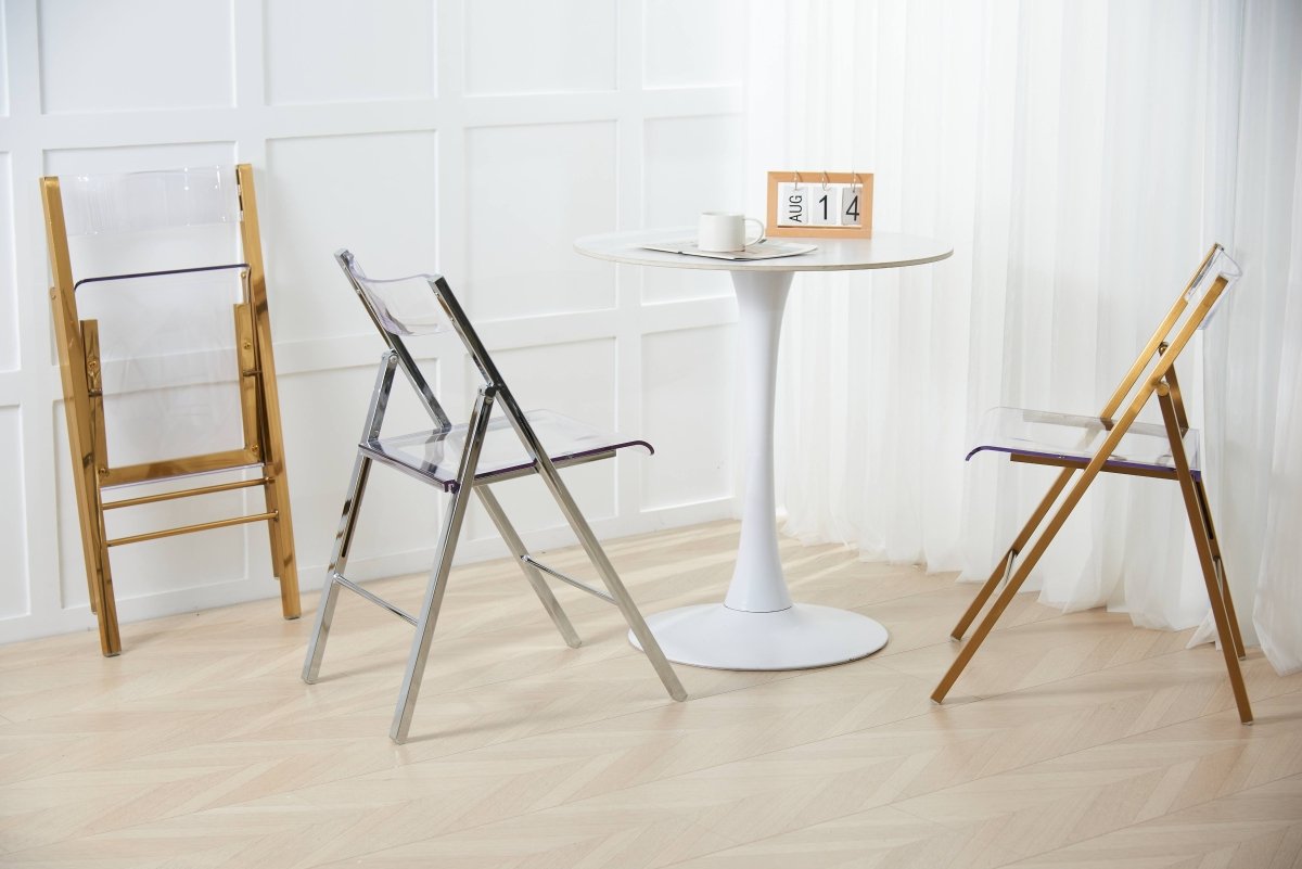 Menno Folding Dining Chair in Gold/Silver/Black Stainless Steel Frame and Base Brushed Gold Clear Dining Chair Leisuremod