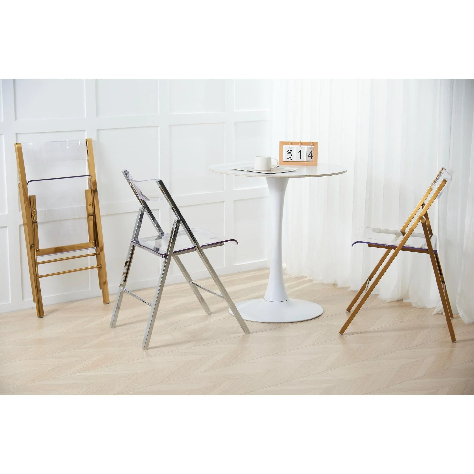 Menno Modern Acrylic Folding Chair in Brushed Gold Finish with Stainless Steel Frame Set of 2 - Elax Furniture