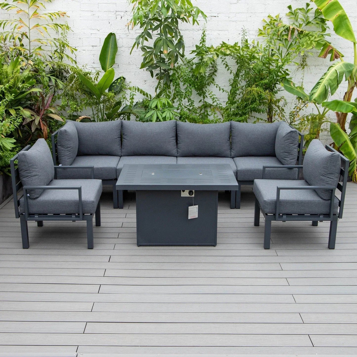 Chelsea 7-Piece Patio Sectional Set in Black Aluminum with Fire Pit Table - Elax Furniture
