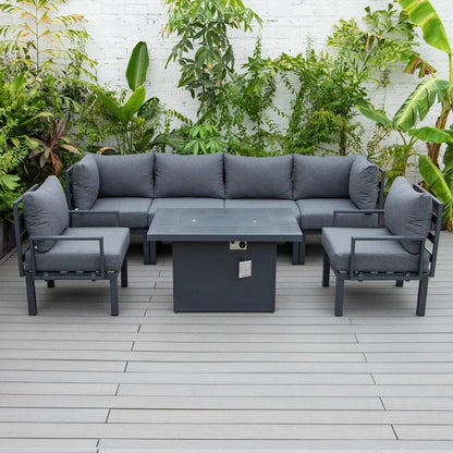 Chelsea 7-Piece Patio Sectional Set in Black Aluminum with Fire Pit Table - Elax Furniture