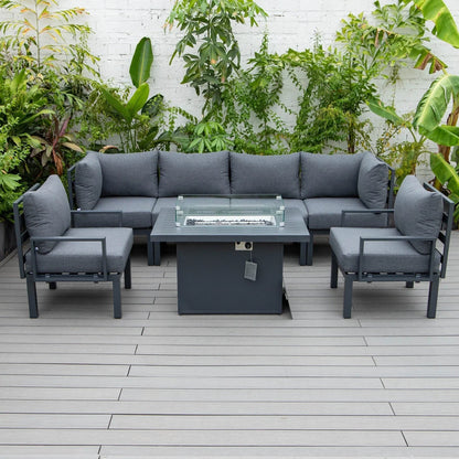 Chelsea 7-Piece Patio Sectional Set in Black Aluminum with Fire Pit Table - Elax Furniture