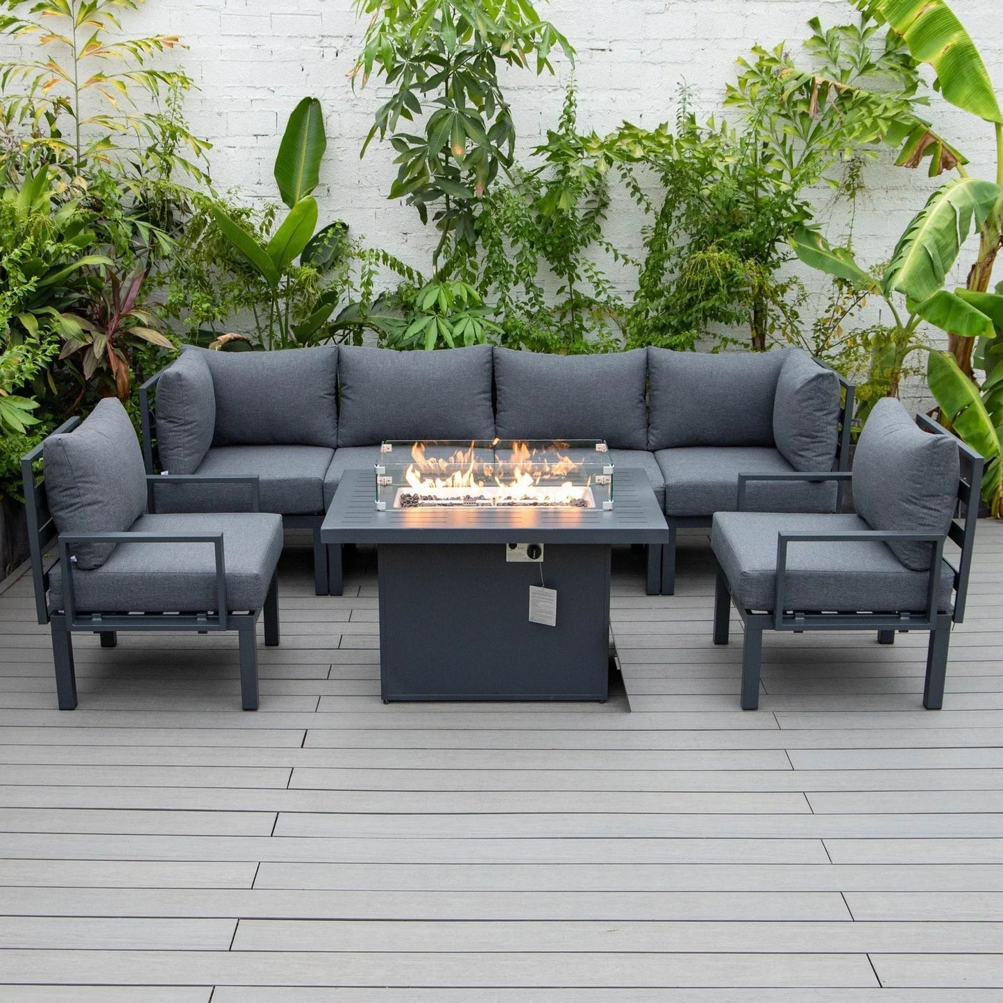 Chelsea 7-Piece Patio Sectional Set in Black Aluminum with Fire Pit Table - Elax Furniture