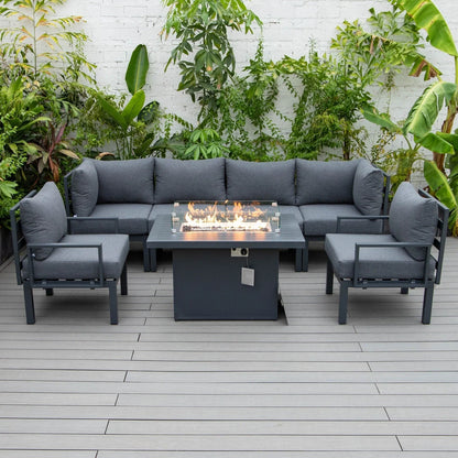 Chelsea 7-Piece Patio Sectional Set in Black Aluminum with Fire Pit Table - Elax Furniture