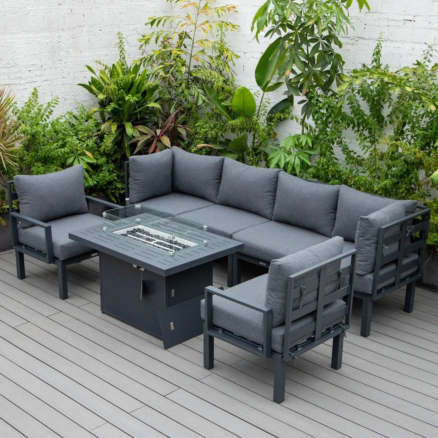 Chelsea 7-Piece Patio Sectional Set in Black Aluminum with Fire Pit Table - Elax Furniture