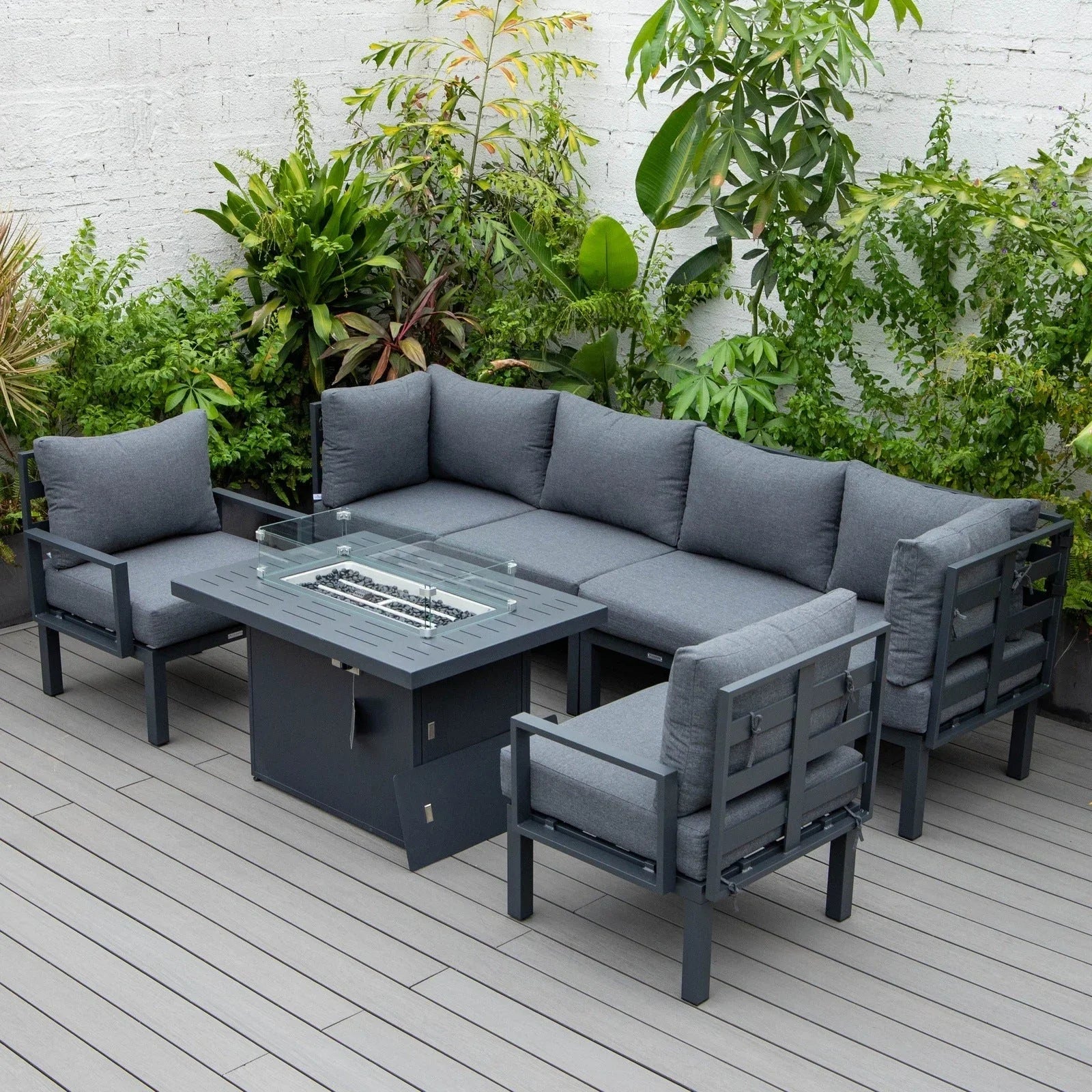 Chelsea 7-Piece Patio Sectional Set in Black Aluminum with Fire Pit Table - Elax Furniture
