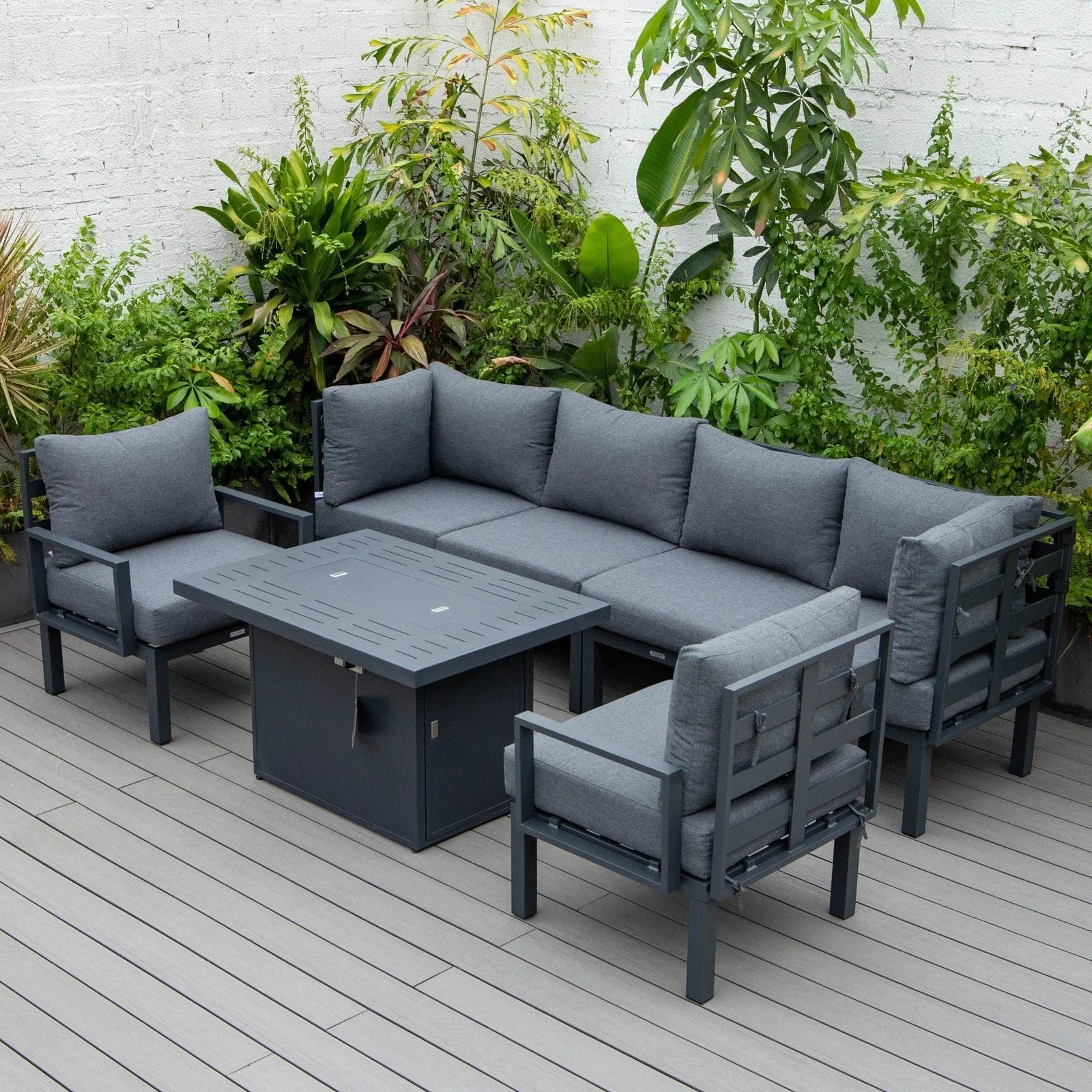 Chelsea 7-Piece Patio Sectional Set in Black Aluminum with Fire Pit Table - Elax Furniture