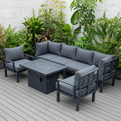 Chelsea 7-Piece Patio Sectional Set in Black Aluminum with Fire Pit Table - Elax Furniture