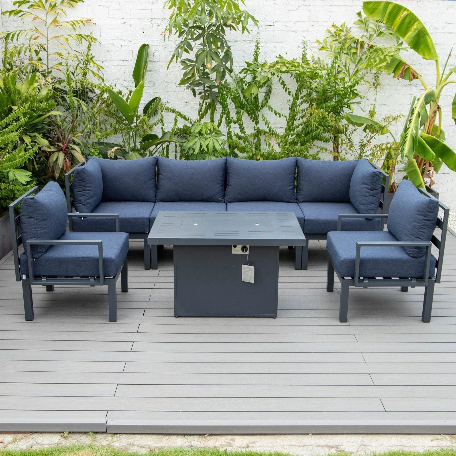 Chelsea 7-Piece Patio Sectional Set in Black Aluminum with Fire Pit Table - Elax Furniture
