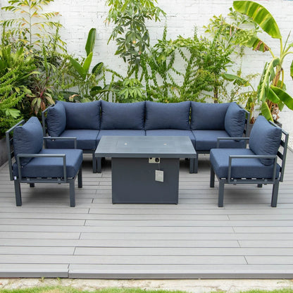 Chelsea 7-Piece Patio Sectional Set in Black Aluminum with Fire Pit Table - Elax Furniture