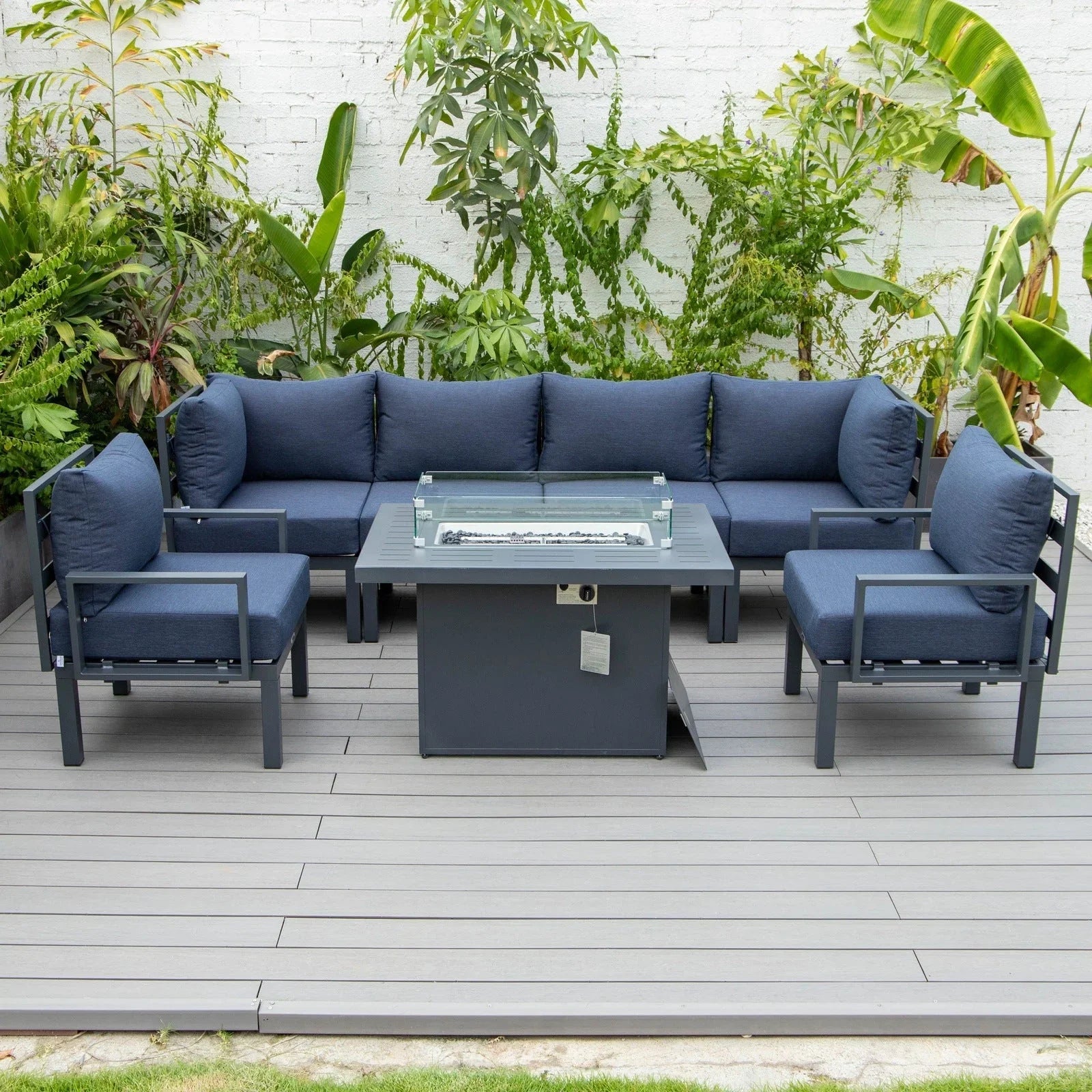 Chelsea 7-Piece Patio Sectional Set in Black Aluminum with Fire Pit Table - Elax Furniture