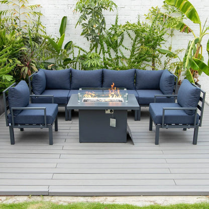 Chelsea 7-Piece Patio Sectional Set in Black Aluminum with Fire Pit Table - Elax Furniture