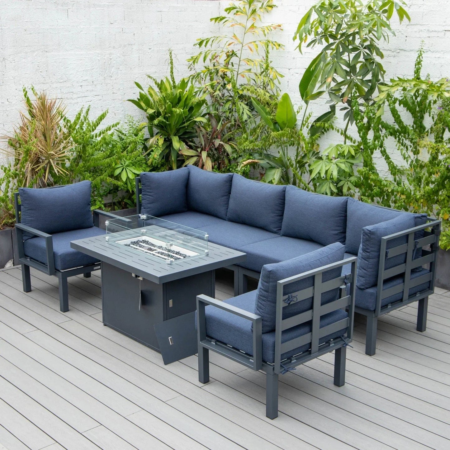 Chelsea 7-Piece Patio Sectional Set in Black Aluminum with Fire Pit Table - Elax Furniture