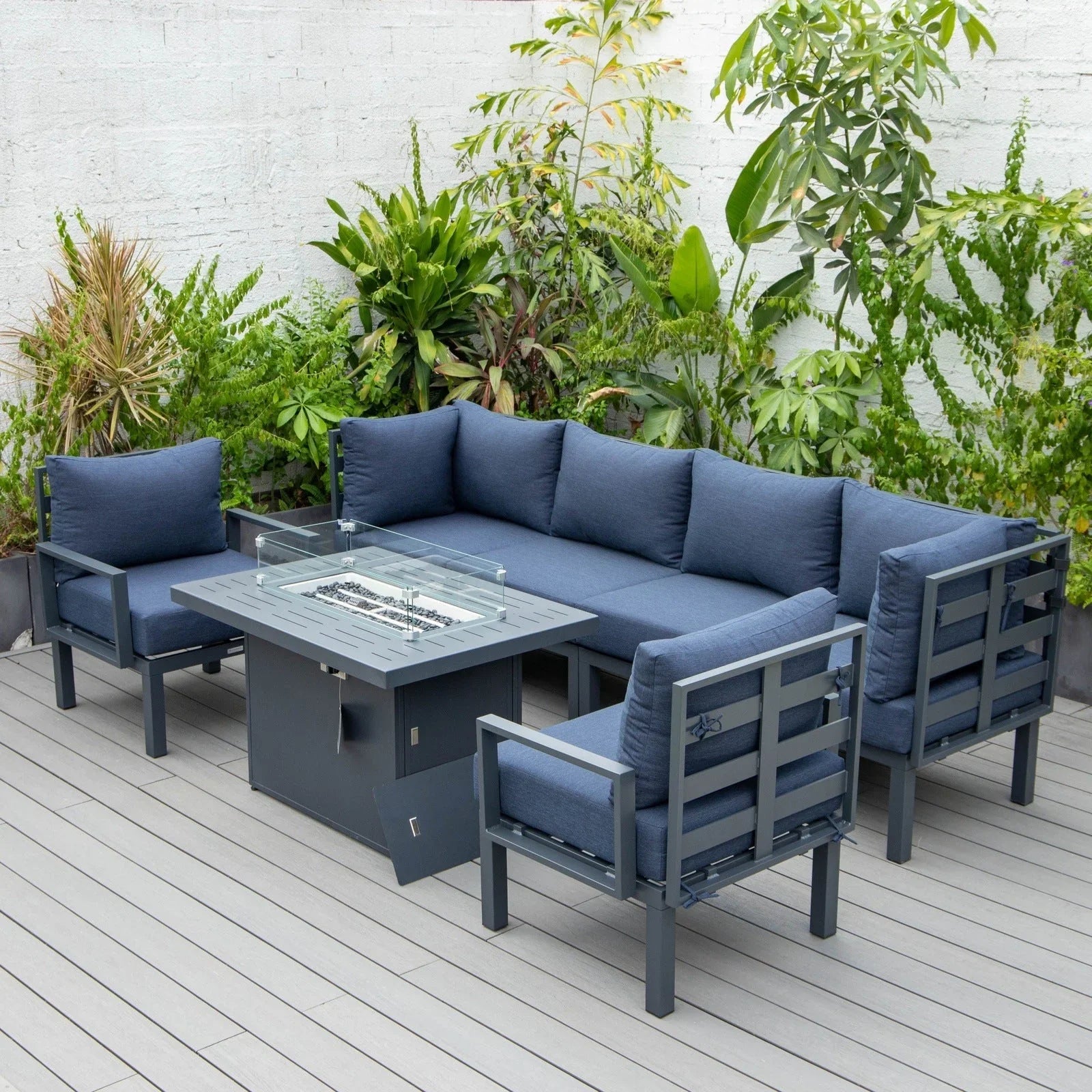 Chelsea 7-Piece Patio Sectional Set in Black Aluminum with Fire Pit Table - Elax Furniture