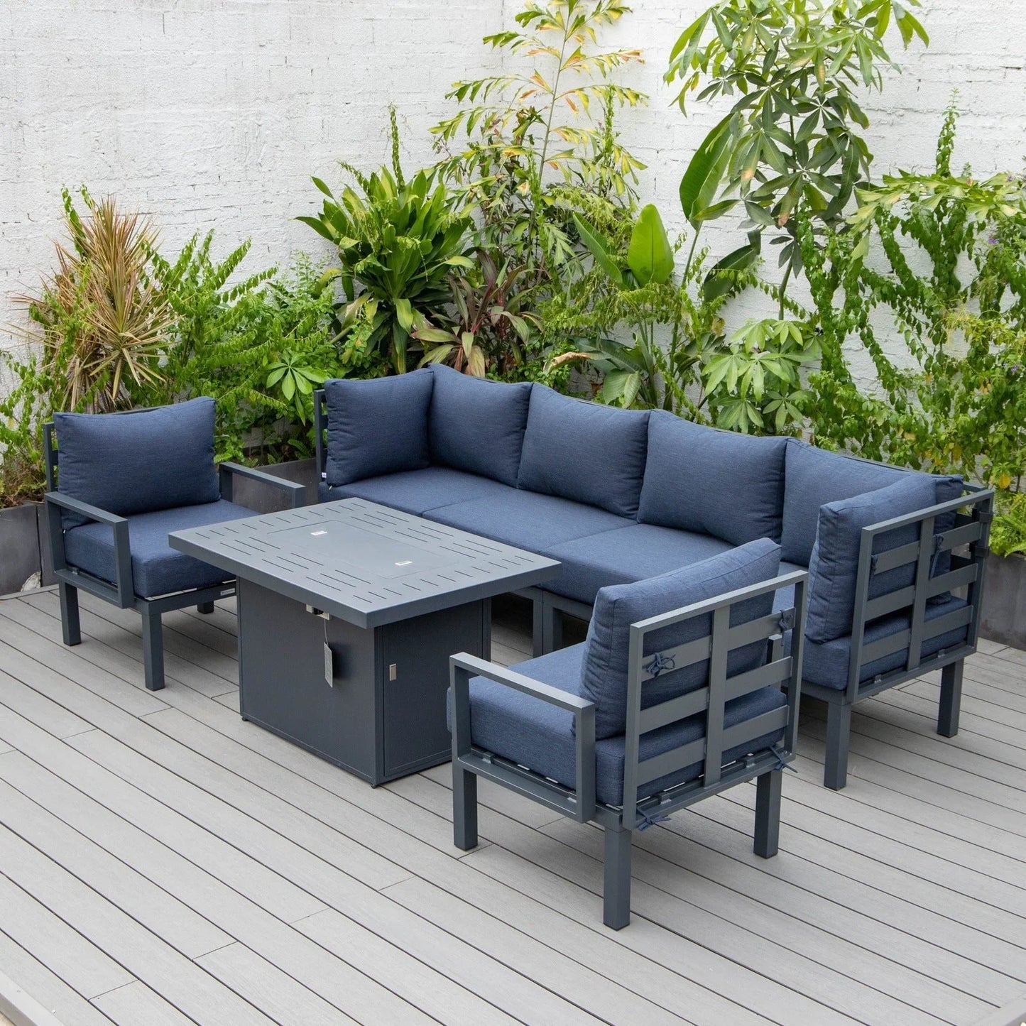 Chelsea 7-Piece Patio Sectional Set in Black Aluminum with Fire Pit Table - Elax Furniture