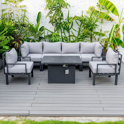 Chelsea 7-Piece Patio Sectional Set in Black Aluminum with Fire Pit Table - Elax Furniture