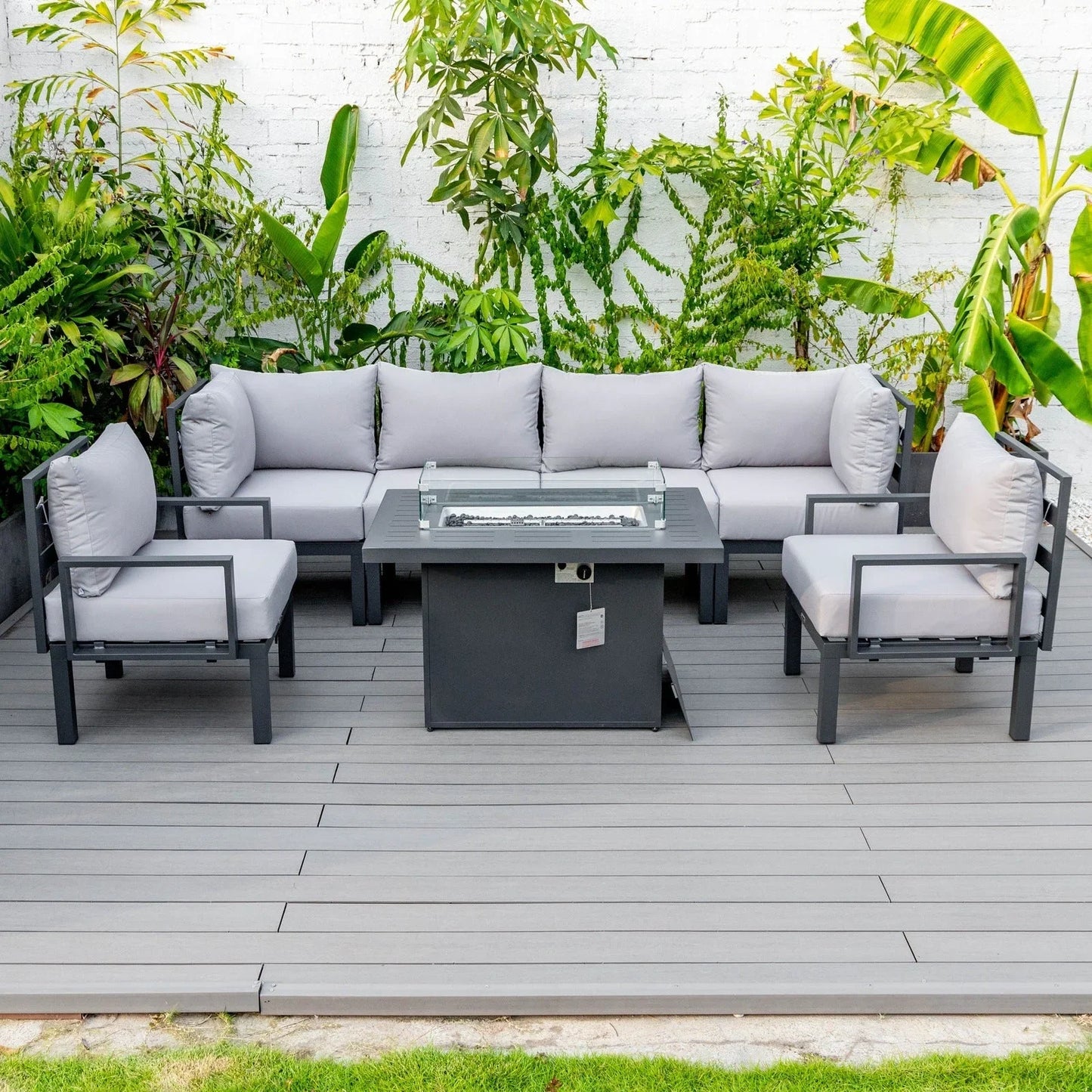 Chelsea 7-Piece Patio Sectional Set in Black Aluminum with Fire Pit Table - Elax Furniture
