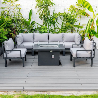 Chelsea 7-Piece Patio Sectional Set in Black Aluminum with Fire Pit Table - Elax Furniture