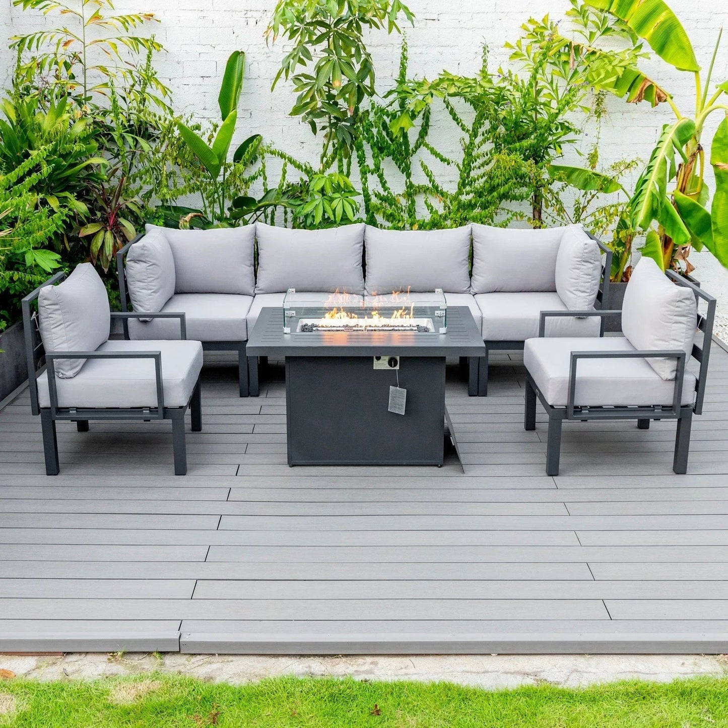 Chelsea 7-Piece Patio Sectional Set in Black Aluminum with Fire Pit Table - Elax Furniture
