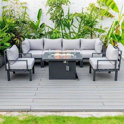 Chelsea 7-Piece Patio Sectional Set in Black Aluminum with Fire Pit Table - Elax Furniture