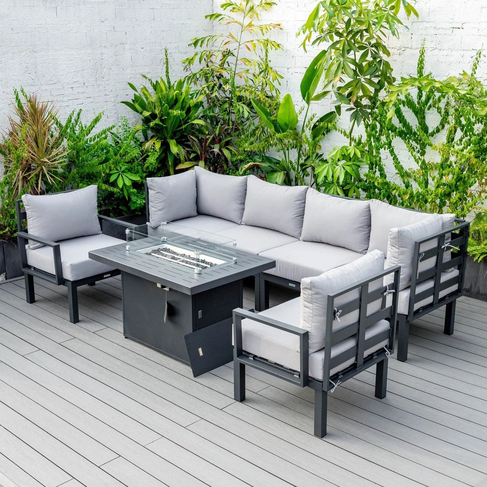 Chelsea 7-Piece Patio Sectional Set in Black Aluminum with Fire Pit Table - Elax Furniture