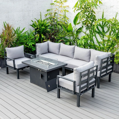 Chelsea 7-Piece Patio Sectional Set in Black Aluminum with Fire Pit Table - Elax Furniture